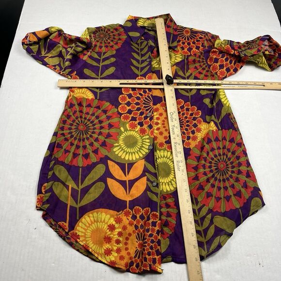 Bam Bam Boho Button Shirt Retro Floral Mod Print 3/4 Sleeve Festival Blouse L - Picture 6 of 11